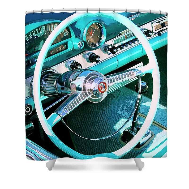 Vintage Car Shower Curtain featuring the photograph STEERING NORTHEAST Palm Springs CA by William Dey
