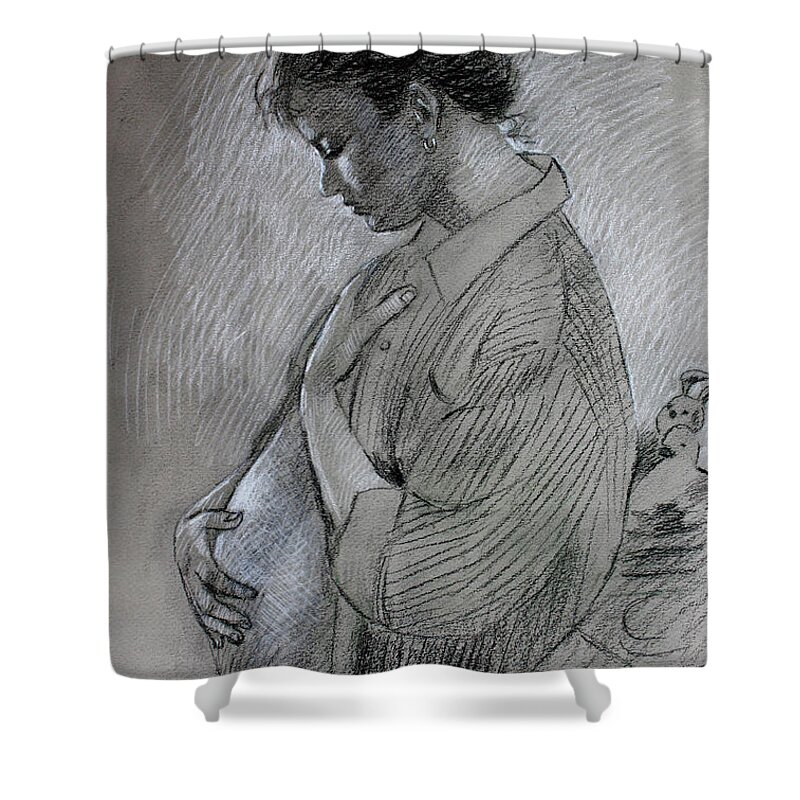 Pregnant Woman Shower Curtain featuring the drawing In the Family Way by Viola El