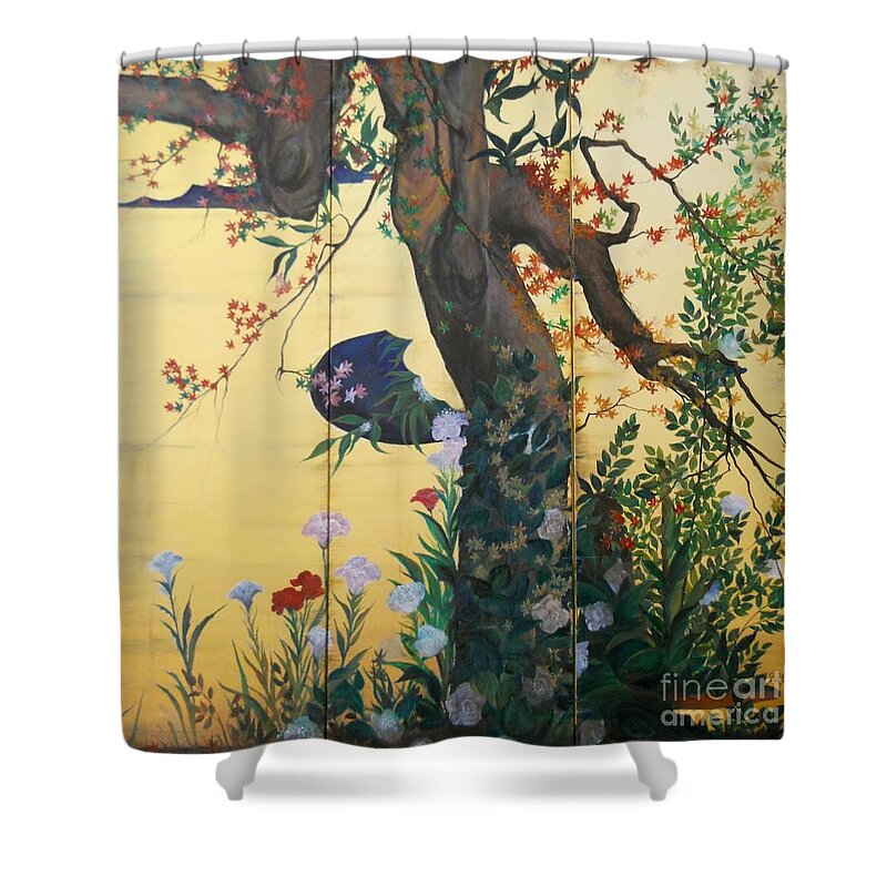 Flowers Paintings Shower Curtain featuring the painting In the garden by Sorin Apostolescu