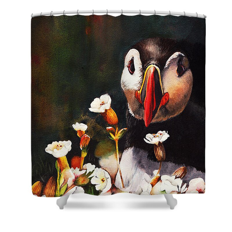 Puffin Shower Curtain featuring the painting In Your Face by Peter Williams