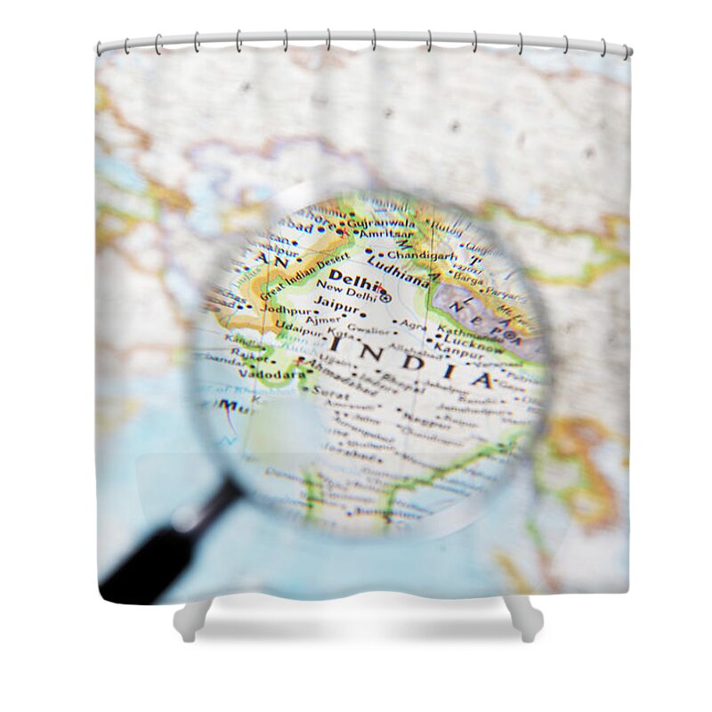 Magnifying Glass Shower Curtain featuring the photograph India And Magnifying Glass by Yuji Sakai