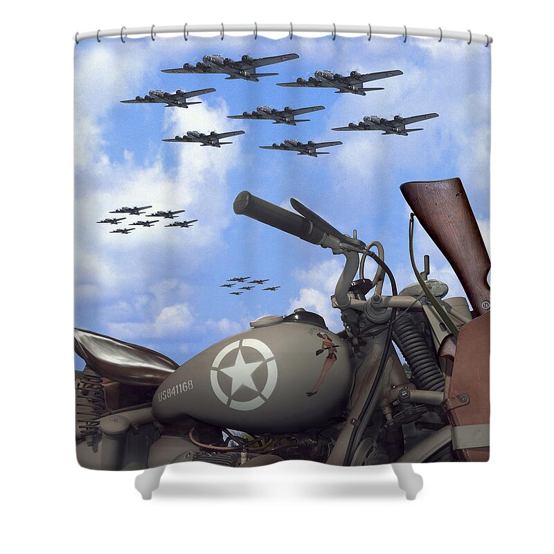 Ww2 Shower Curtain featuring the photograph Indian 841 And The B-17 Bomber SQ by Mike McGlothlen