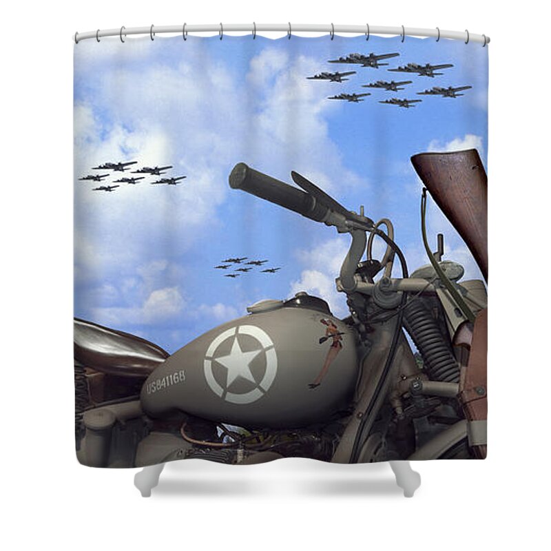 Ww2 Shower Curtain featuring the photograph Indian 841 and the B-17 Panoramic by Mike McGlothlen