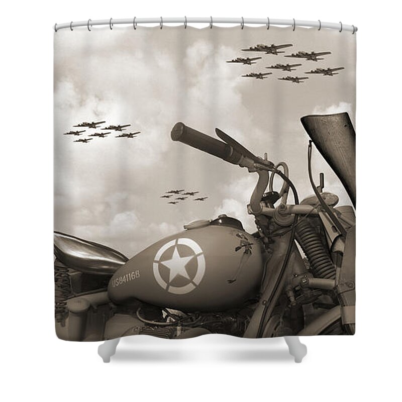 Ww2 Shower Curtain featuring the photograph Indian 841 And The B-17 Panoramic Sepia by Mike McGlothlen