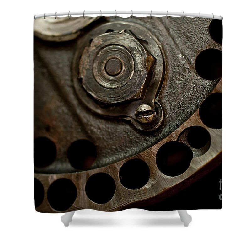 1940s Indian Scout Racer Shower Curtain featuring the photograph Indian Racer Crankshaft Fly Wheel by Wilma Birdwell