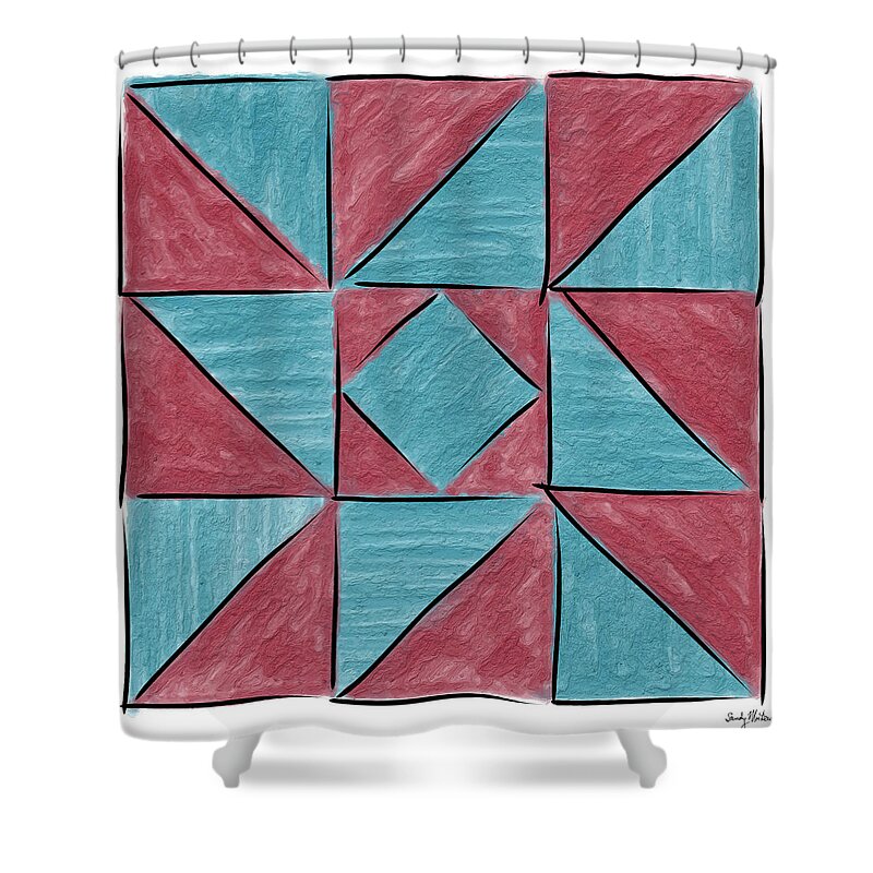 Quilt Shower Curtain featuring the painting Indiana Puzzle in Blue and Burgundy by Sandy MacGowan