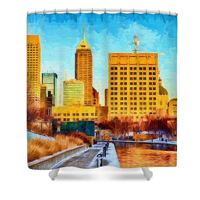 Indianapolis Shower Curtain featuring the photograph Indianapolis Skyline Canal View Digital Painting by David Haskett II