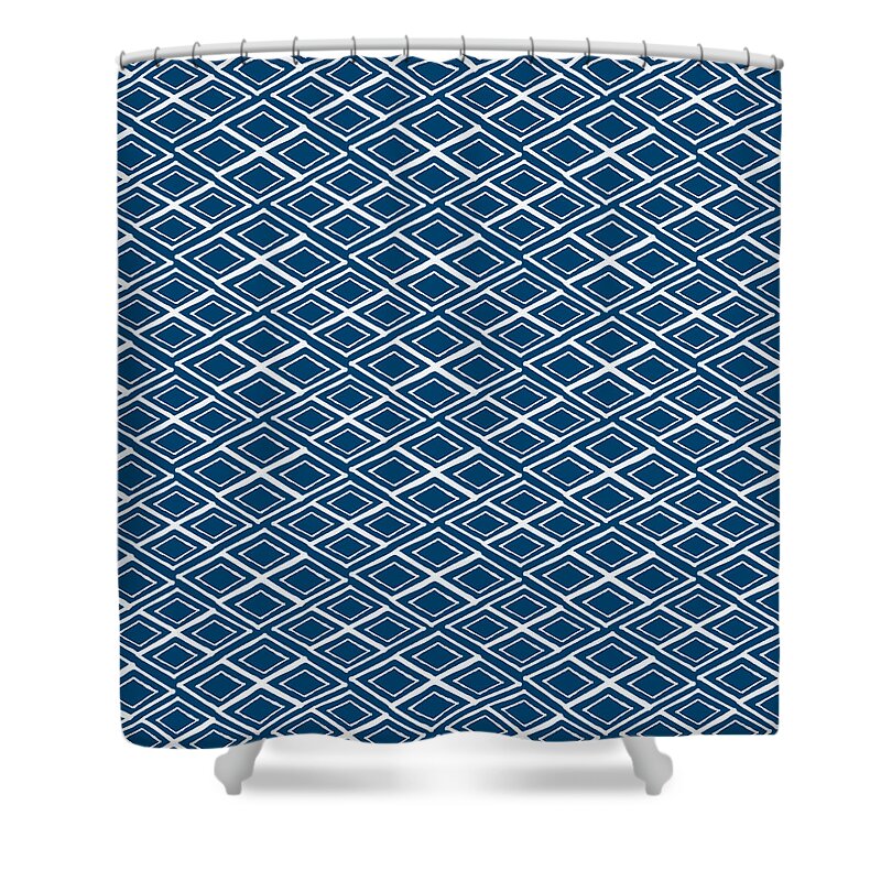 Indigo And White Shower Curtain featuring the painting Indigo and White Small Diamonds- Pattern by Linda Woods