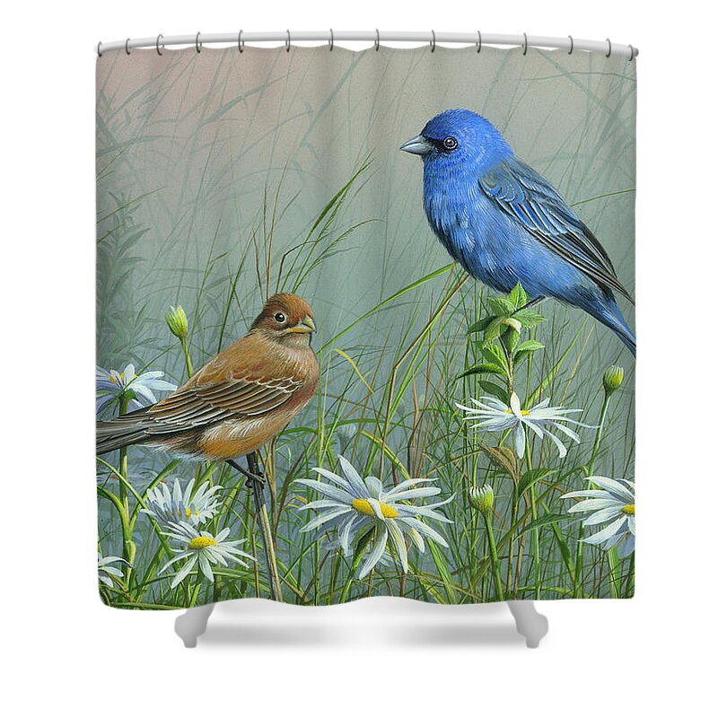 Blue Birds Shower Curtain featuring the painting Indigo Bunting by Mike Brown