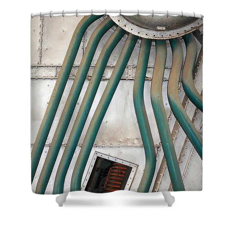 Mechanical Art Machinery Alien Legs Industrial Pipes Pipe Shower Curtain featuring the photograph Industrial Art by Julia Gavin