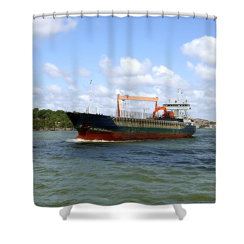 Afloat Shower Curtain featuring the photograph Industrial Cargo Ship by Antony McAulay