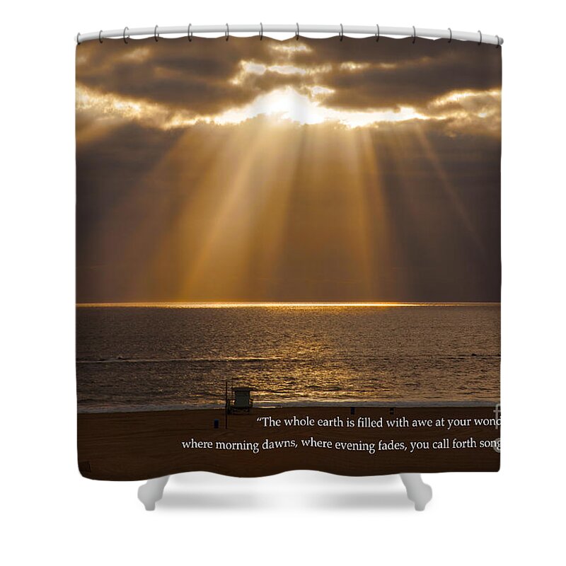Inspirational Sun Rays Over Calm Ocean Clouds Bible Verse Print Shower Curtain featuring the photograph Inspirational Sun Rays Over Calm Ocean Clouds Bible Verse Photograph by Jerry Cowart