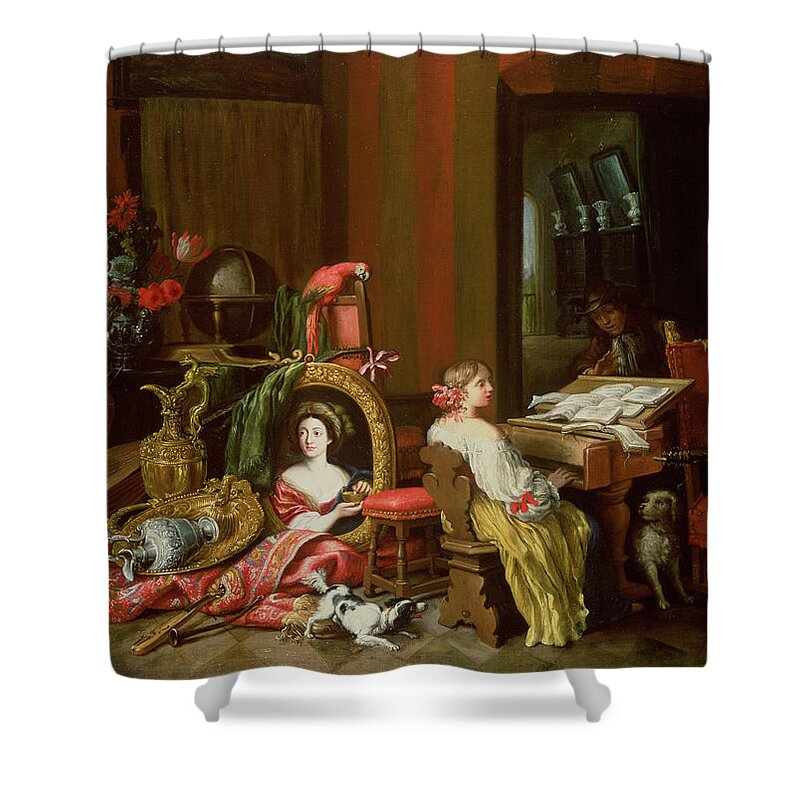 Guitar Shower Curtain featuring the photograph Interior With A Lady At A Harpsichord by Francesco Fieravino