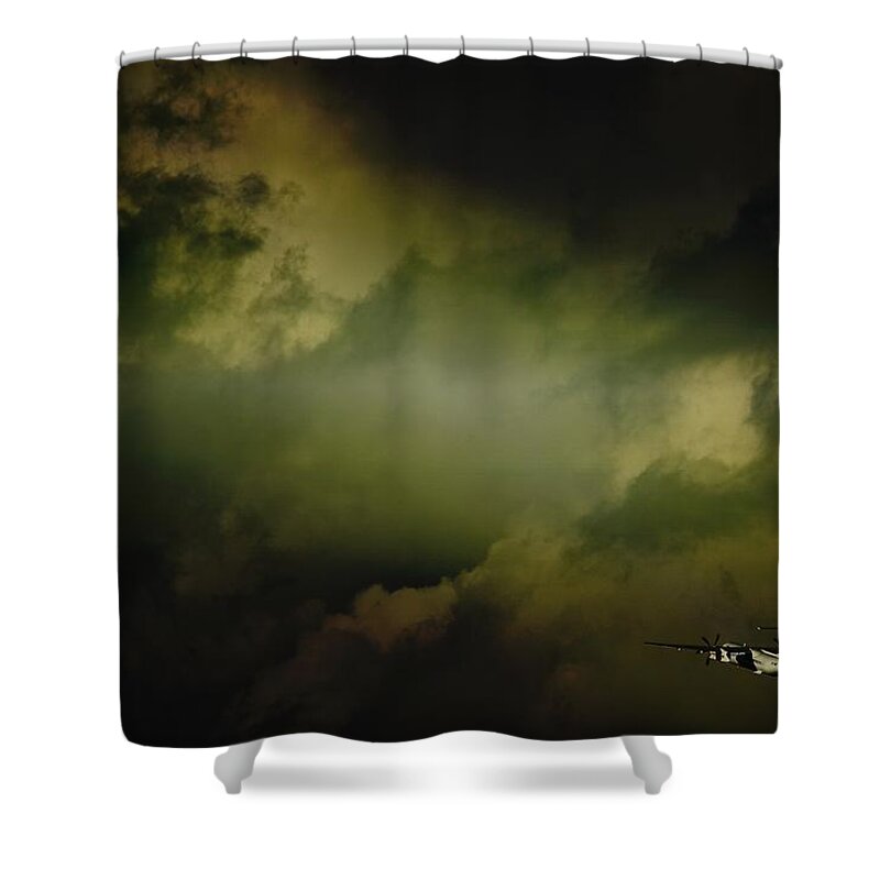 Bombardier Dash 8 Shower Curtain featuring the photograph Into the Clouds by Paul Job