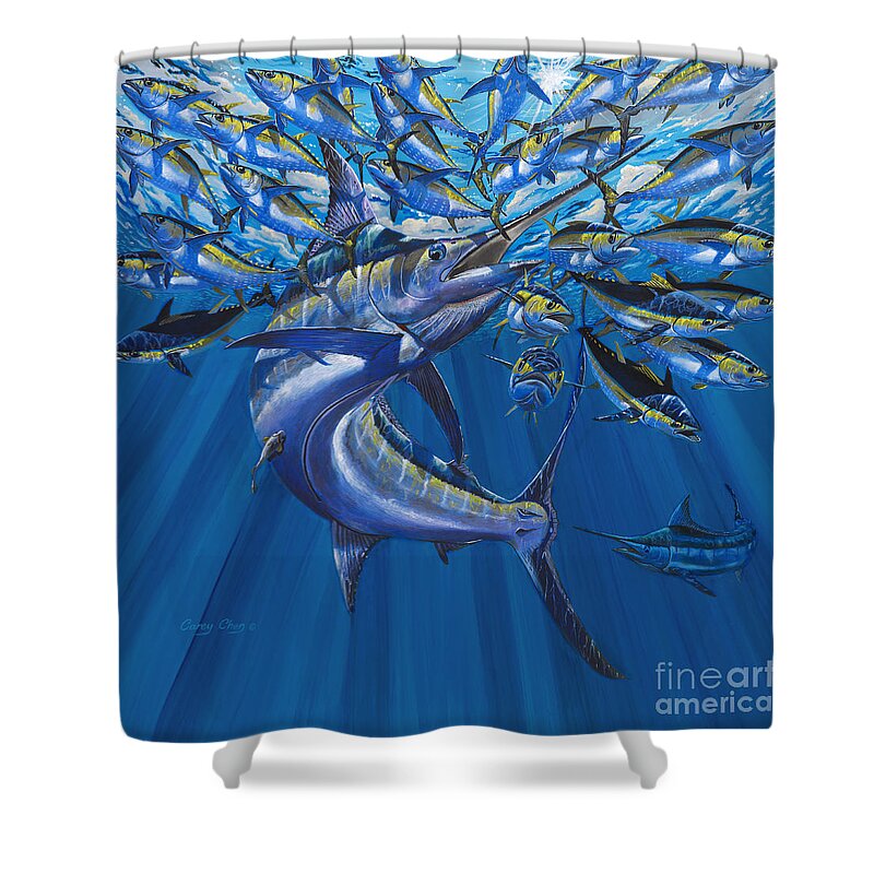 Blue Marlin Shower Curtain featuring the painting Intruder Off003 by Carey Chen