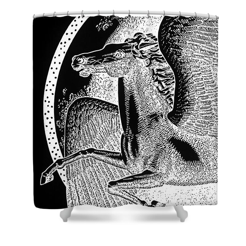 Pegasus Shower Curtain featuring the drawing iPhone-Case-Pegasus1 by Gordon Punt