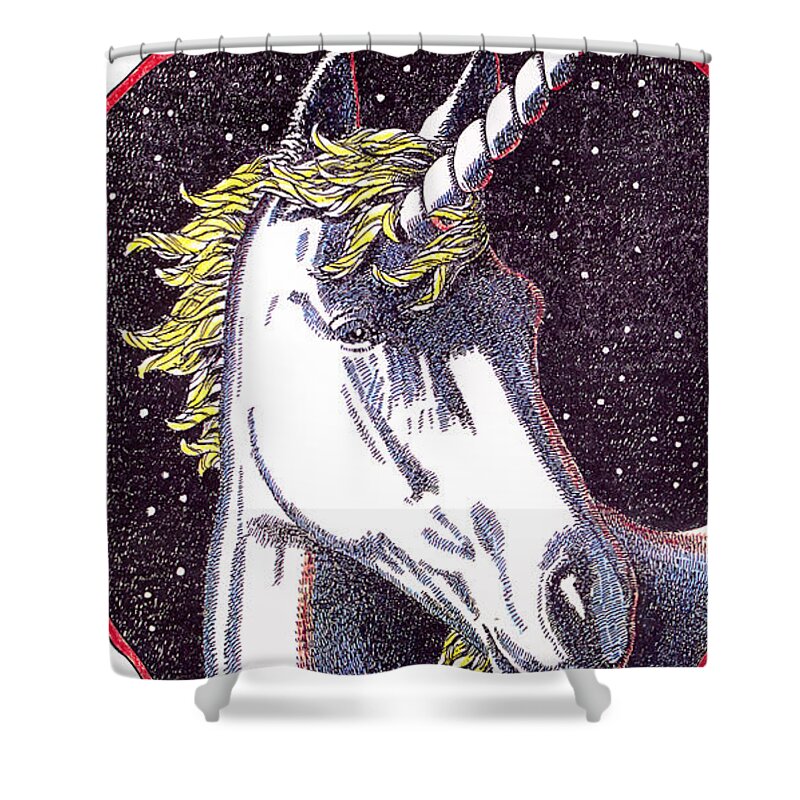 Unicorn Shower Curtain featuring the drawing iPhone-Case-Unicorn-2 by Gordon Punt