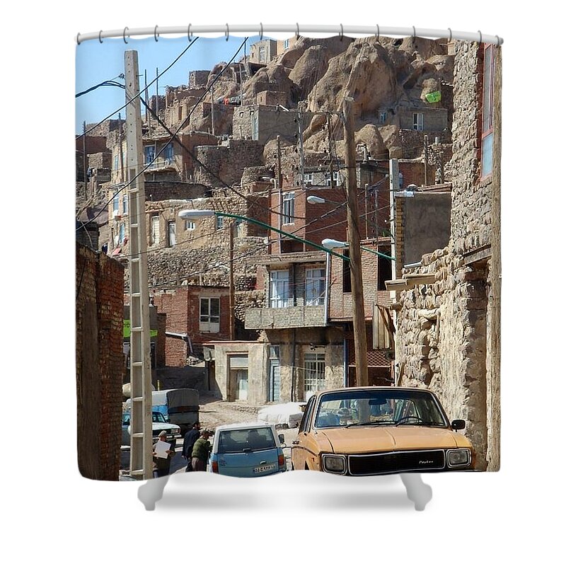 Kandovan Shower Curtain featuring the photograph Iran Kandovan Cars and Wires by Lois Ivancin Tavaf