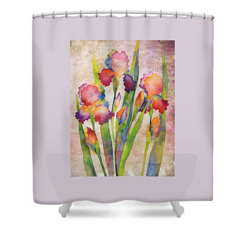 Iris Shower Curtain featuring the painting Iris Elegance on Pink by Hailey E Herrera