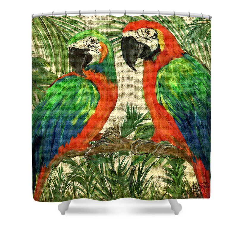 Parrot Shower Curtain featuring the painting Island Birds Square On Burlap I by Julie Derice