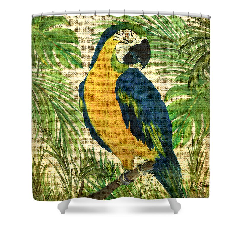 Island Shower Curtain featuring the painting Island Birds Square On Burlap II by Julie Derice