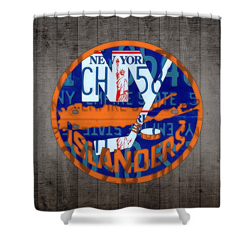 Islanders Shower Curtain featuring the mixed media Islanders Hockey Team Retro Logo Vintage Recycled New York License Plate Art by Design Turnpike