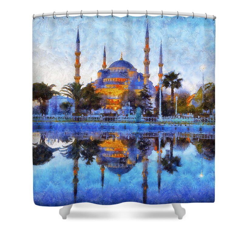 Istanbul Blue Mosque Shower Curtain featuring the painting Istanbul Blue Mosque by Lilia D
