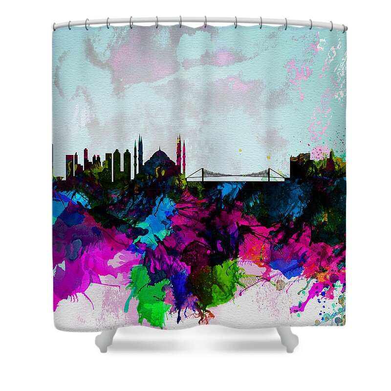 Istanbul Shower Curtain featuring the painting Istanbul Watercolor Skyline by Naxart Studio