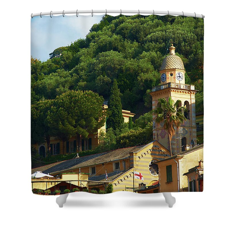 Tranquility Shower Curtain featuring the photograph Italian Belltower In Portofino by Roman Makhmutov