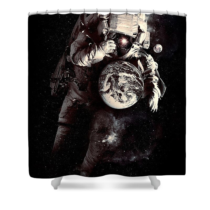 Astronaut Shower Curtain featuring the digital art It's a Small World After All by Nicebleed 