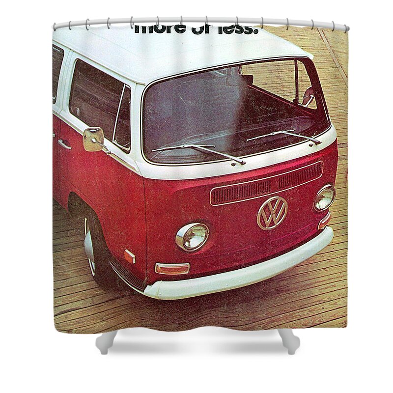 Vw Camper Shower Curtain featuring the digital art It's a station wagon more or less - VW Camper ad by Georgia Clare
