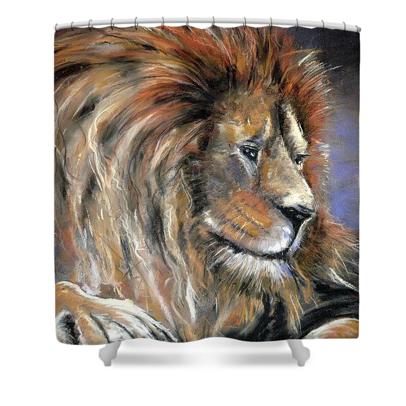 Lion Shower Curtain featuring the painting It's Good to be King by Jim Fronapfel