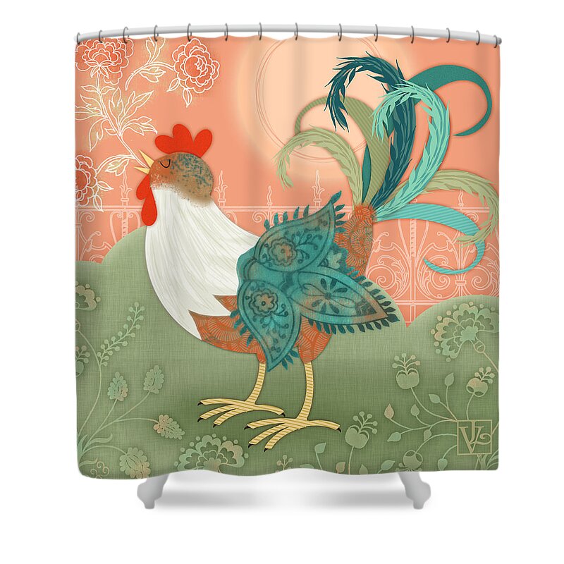 Animal Shower Curtain featuring the digital art I've Got To Crow by Valerie Drake Lesiak