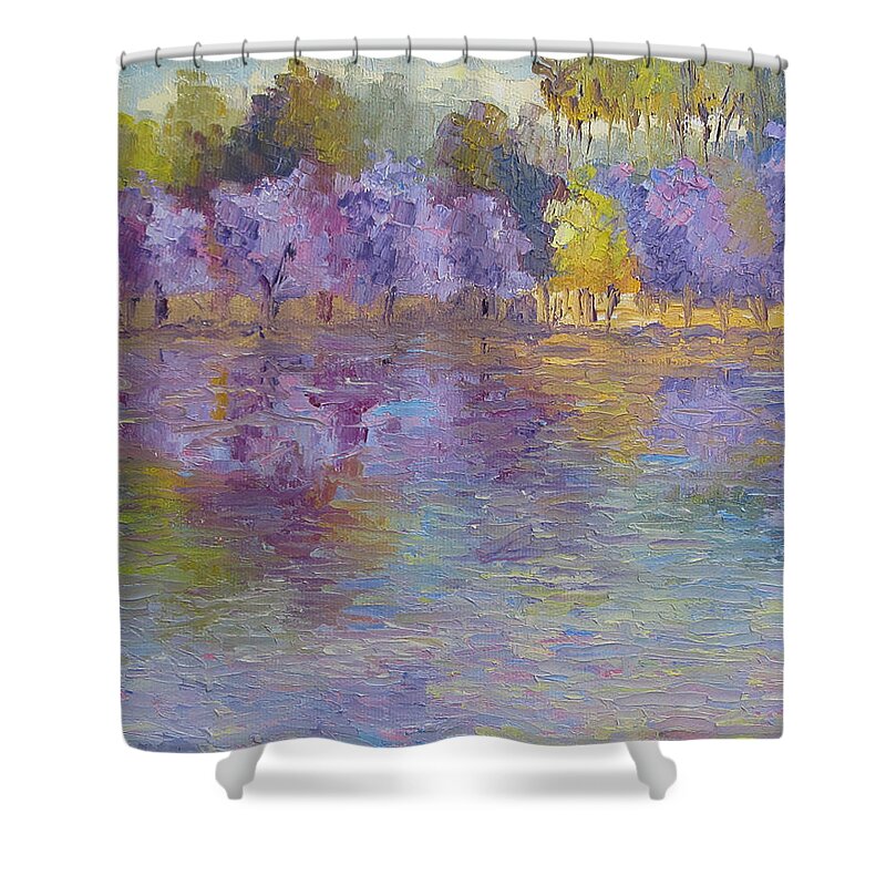 Jacaranda Trees Shower Curtain featuring the painting Jacaranda's in Bloom by Terry Chacon