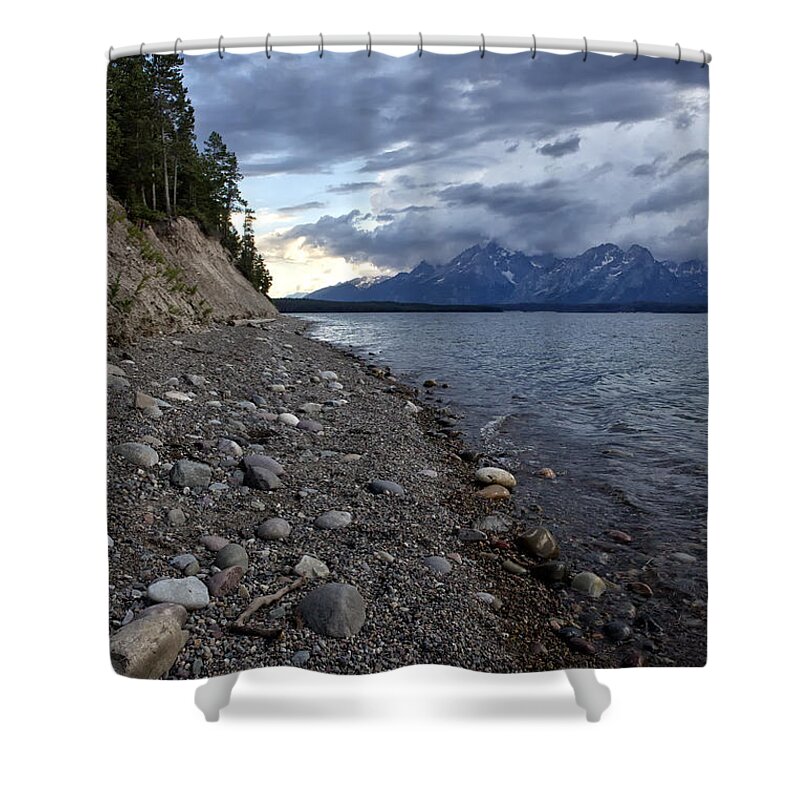 Lake Shower Curtain featuring the photograph Jackson Lake Shore with Grand Tetons by Belinda Greb