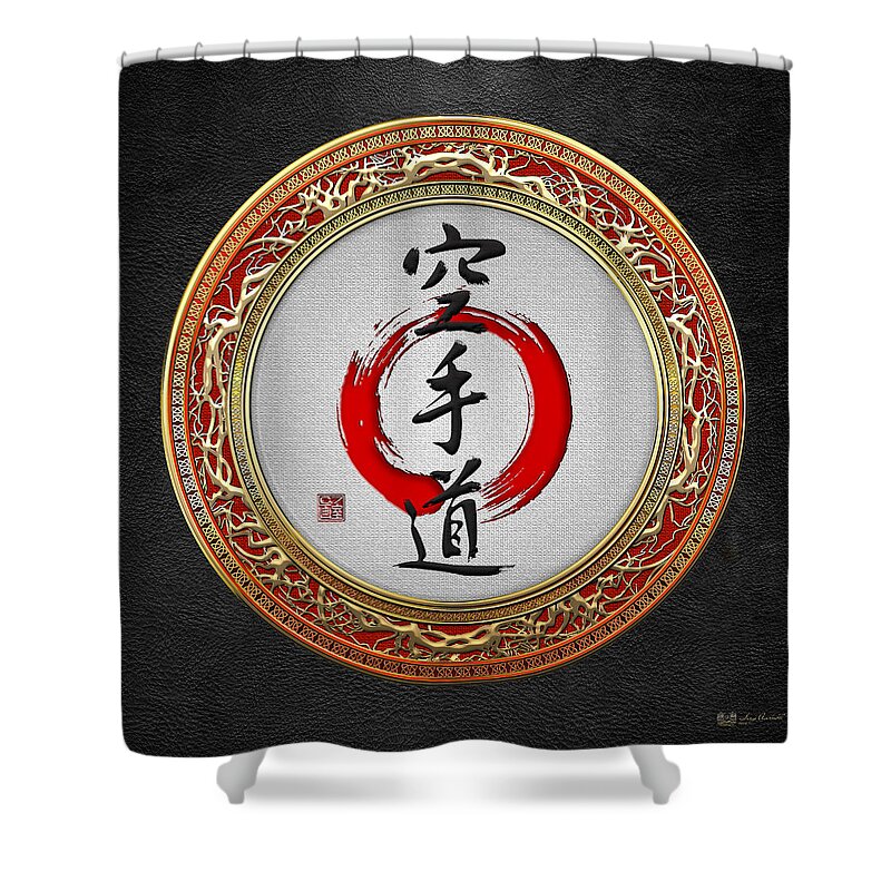 'treasures Of Japan' Collection By Serge Averbukh Shower Curtain featuring the digital art Japanese calligraphy - Karate-do on Black by Serge Averbukh