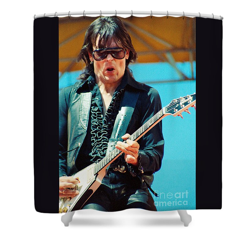 J. Geils Shower Curtain featuring the photograph Jay Geils of the J Geils Band- Day on the Green July 4th 1979 by Daniel Larsen