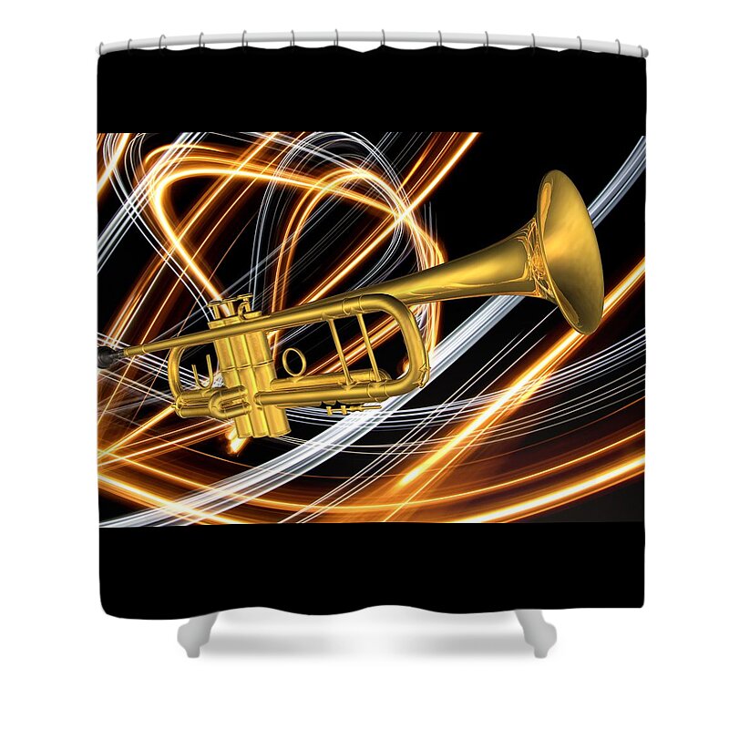 Art Shower Curtain featuring the digital art Jazz Art Trumpet by Louis Ferreira