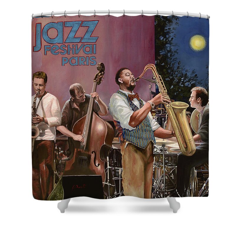 Jazz Shower Curtain featuring the painting jazz festival in Paris by Guido Borelli
