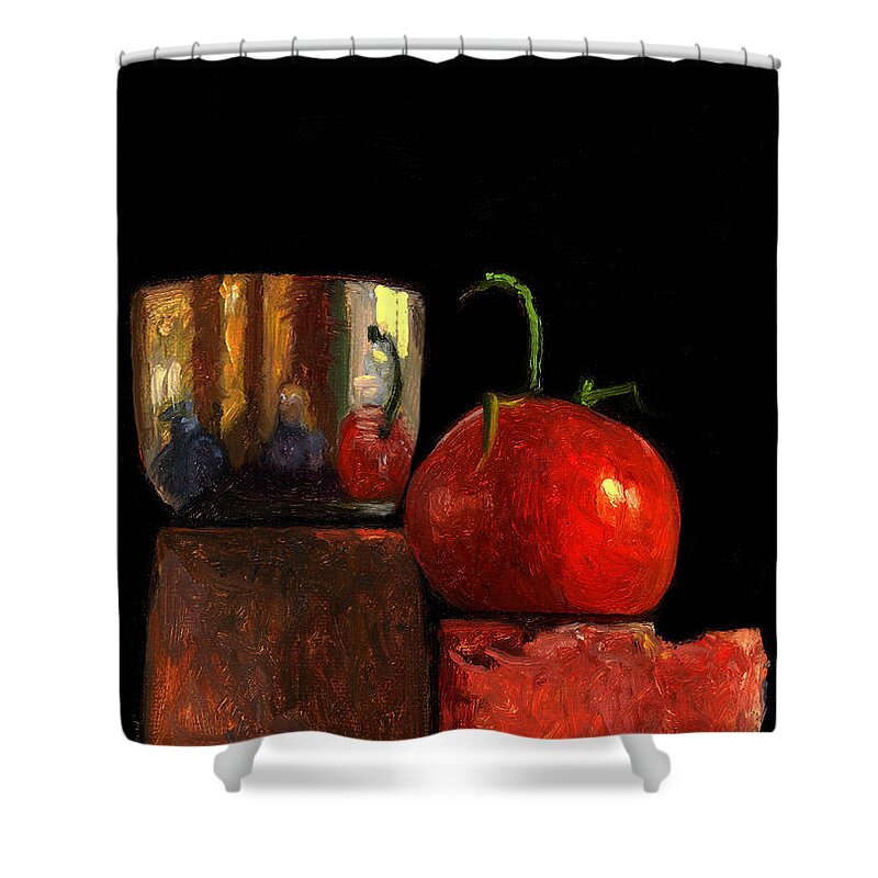 Oil Shower Curtain featuring the painting Jefferson Cup With Tomato and Sedona Bricks by Catherine Twomey