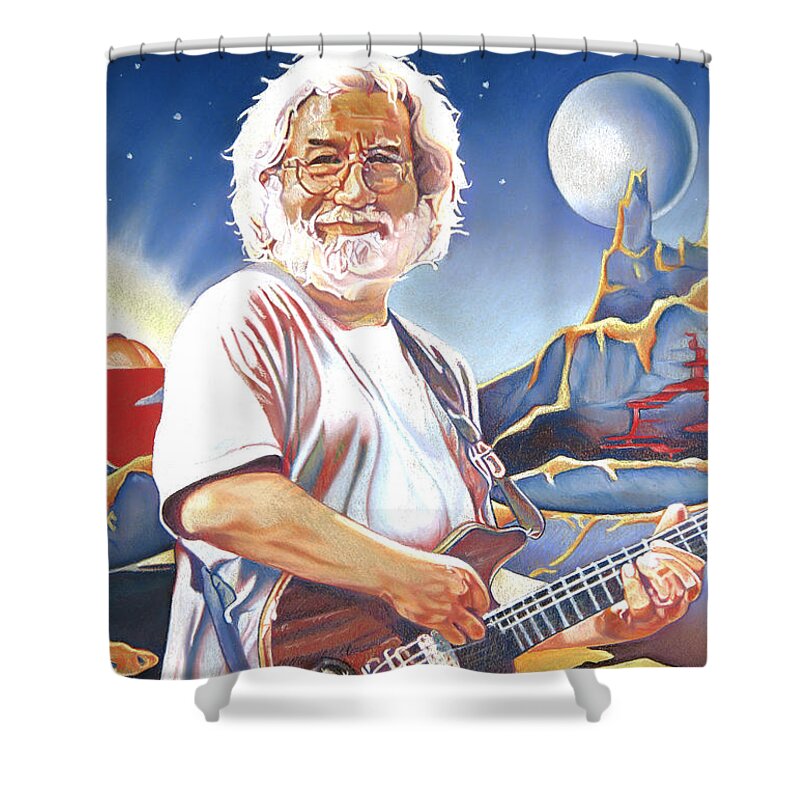 Jerry Garcia Shower Curtain featuring the drawing Jerry garcia Live at the Mars Hotel by Joshua Morton