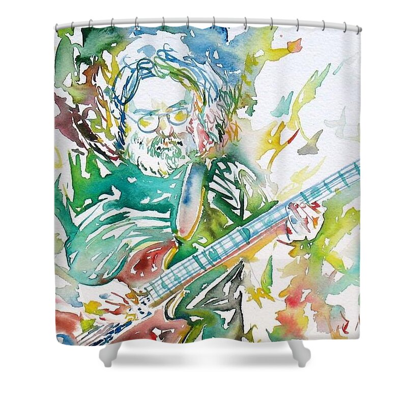 Jerry Shower Curtain featuring the painting JERRY GARCIA PLAYING the GUITAR watercolor portrait.1 by Fabrizio Cassetta