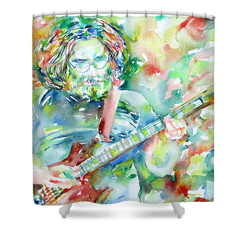 Jerry Shower Curtain featuring the painting JERRY GARCIA PLAYING the GUITAR watercolor portrait.3 by Fabrizio Cassetta