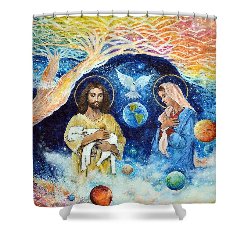 Jesus Shower Curtain featuring the painting Jesus and Mary Cloud Colored Christ Come by Ashleigh Dyan Bayer