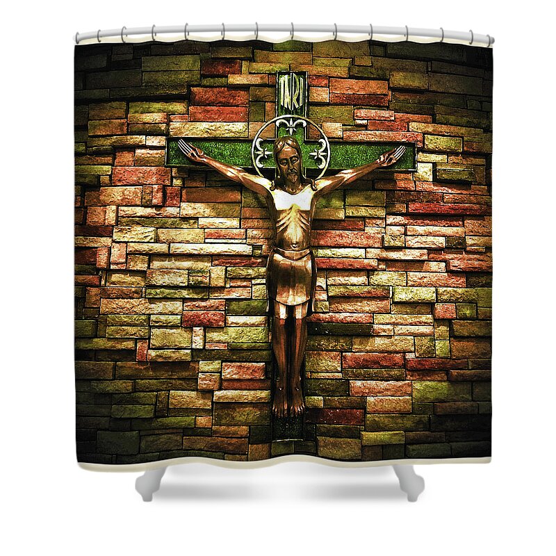 Church Shower Curtain featuring the photograph Jesus Is His Name cream border by Al Harden