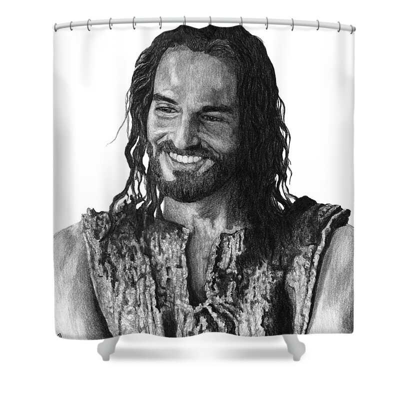 Drawing Shower Curtain featuring the drawing Jesus Smiling by Bobby Shaw