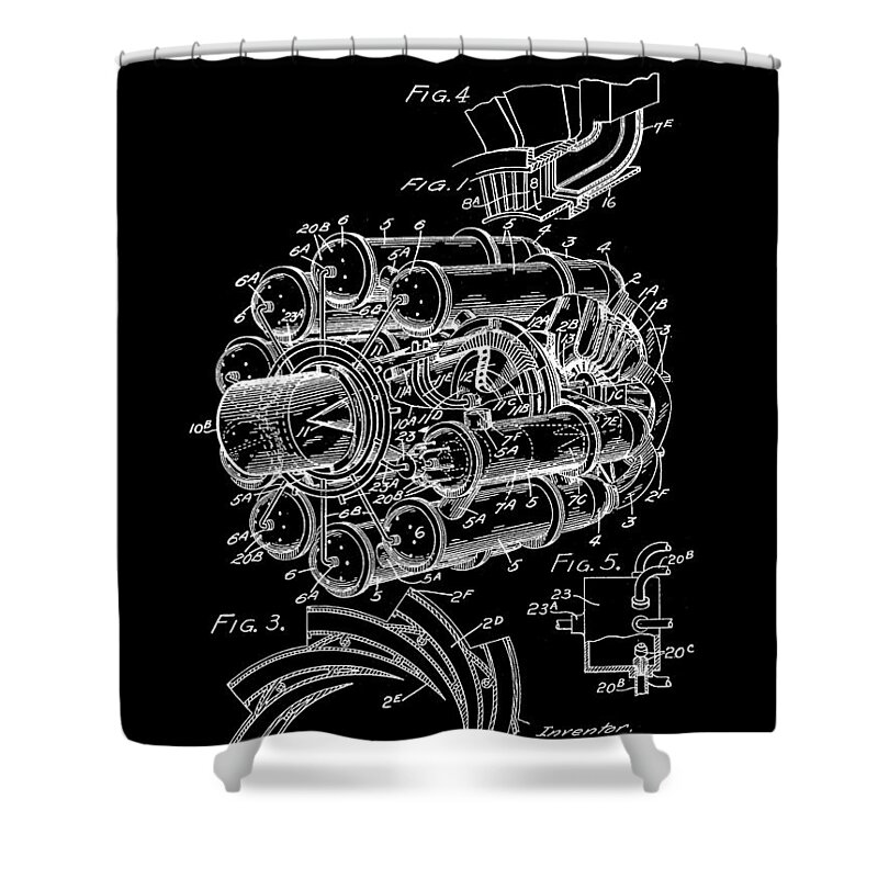 Jet Shower Curtain featuring the digital art Jet Engine Patent 1941 - Black by Stephen Younts