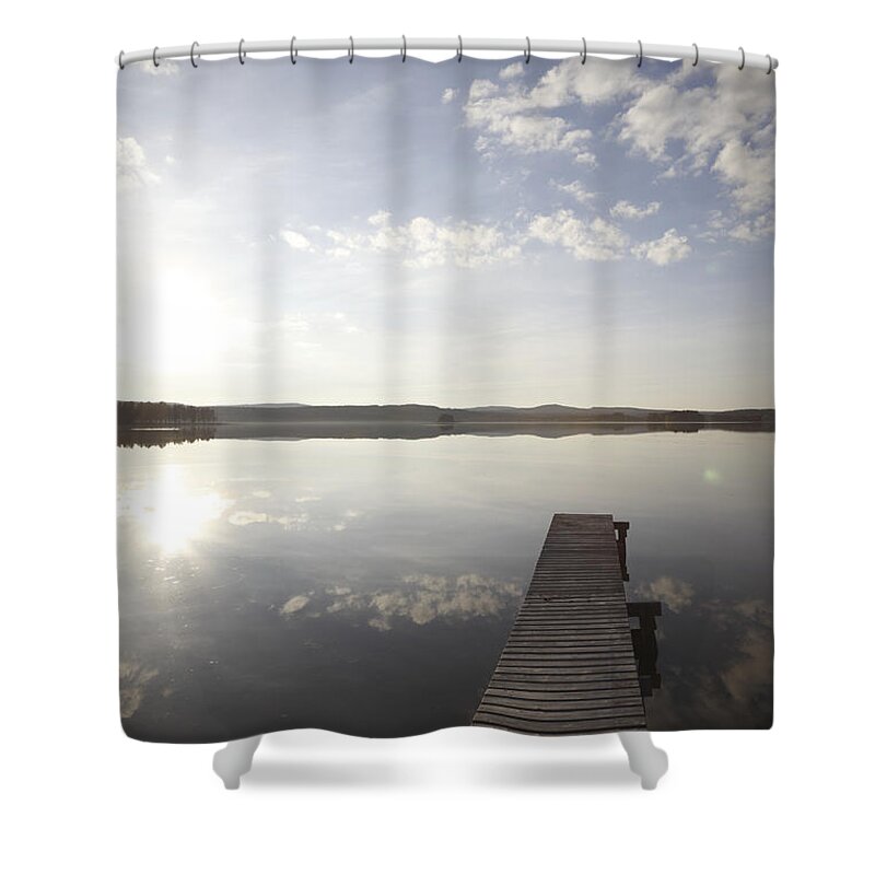 Anundsjoe Shower Curtain featuring the photograph Jetty and double sun - available for licensing by Ulrich Kunst And Bettina Scheidulin