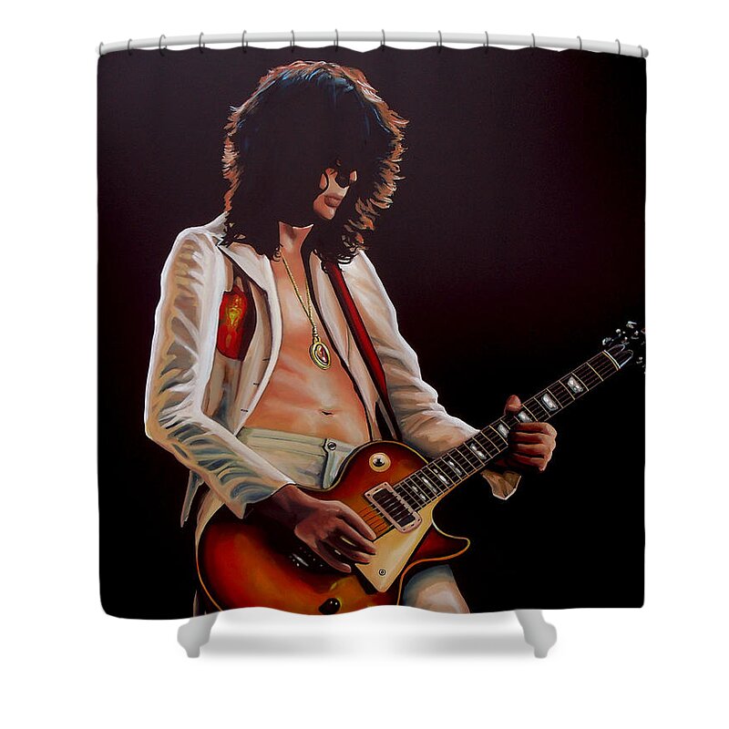 Jimmy Page Shower Curtain featuring the painting Jimmy Page in Led Zeppelin Painting by Paul Meijering