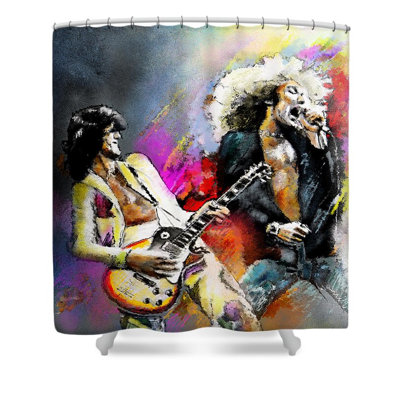 Musicians Shower Curtain featuring the painting Jimmy Page and Robert Plant Led Zeppelin by Miki De Goodaboom